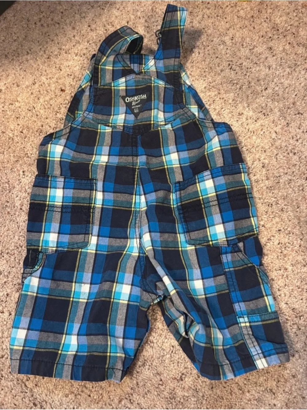 OshKosh B'gosh Blue Plaid Short Overalls with Yellow Accentsf
